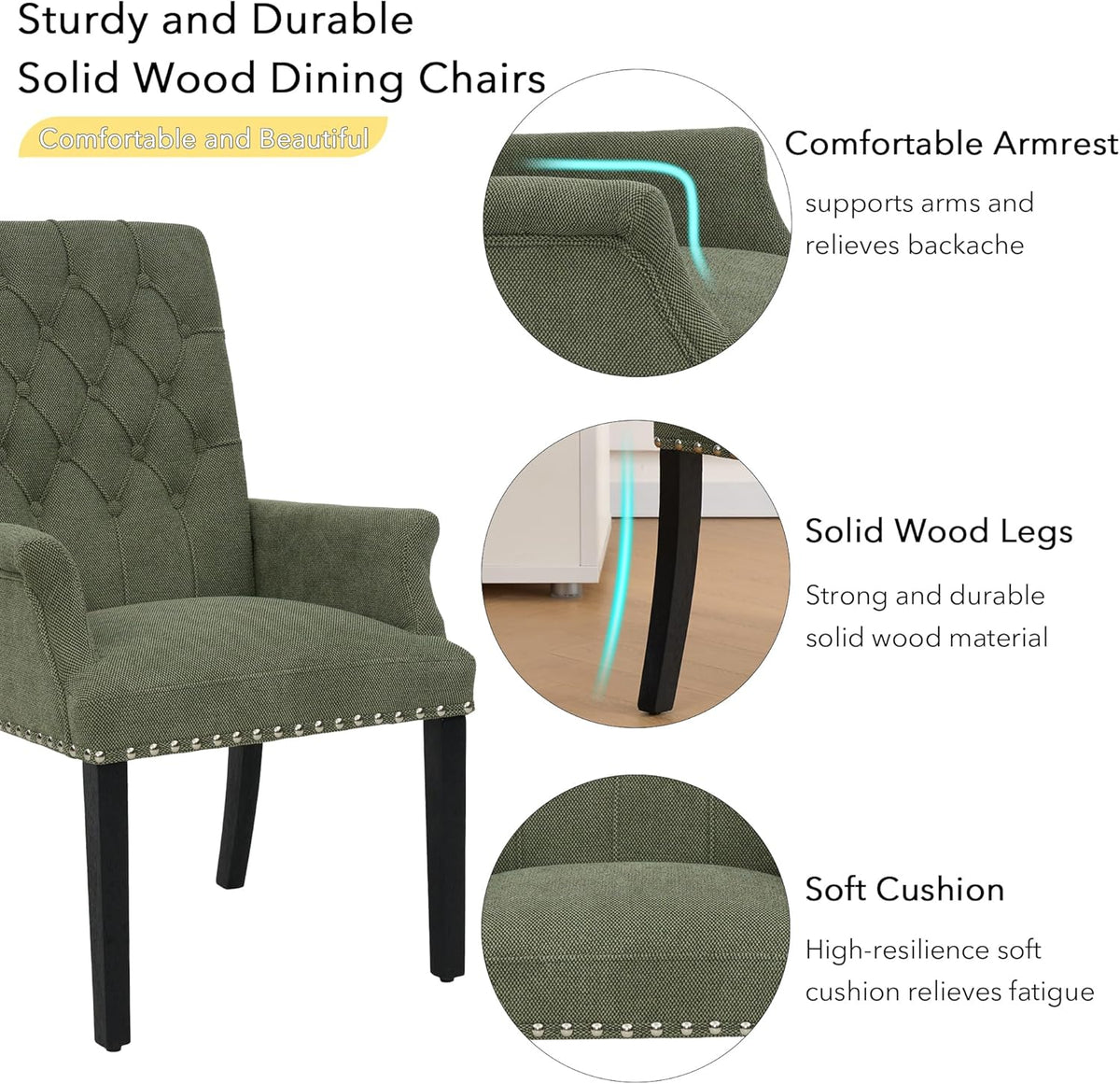 adochr Upholstered Fabric Accent Dining Chair, Arm Dining Chair with Elegant Tufted Club for Dining Room Kitchen Room, Green