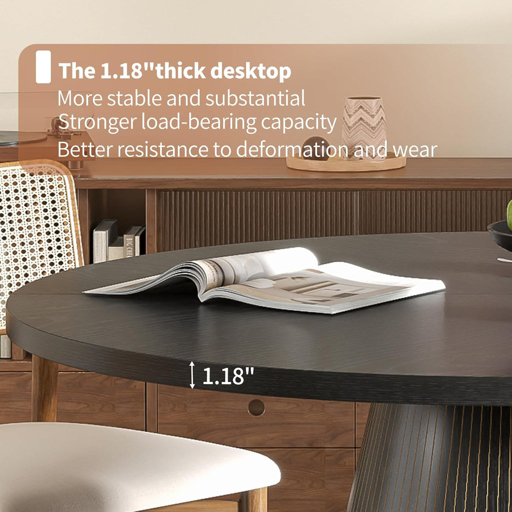 47 inch Round Dining Table for 4-6, Circle Kitchen Table with Sturdy Tapered Base, Mid Century Modern Fluted Dining Tables for Dining Room, Kitchen, Living Room (Black, 47inch)