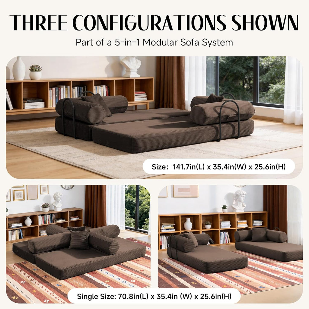 79" Corduroy Sofa Bed, Couch in a Box with 2 Pillows, High-Density Foam 4-in-1 Foldable Sleeper Futon Loveseat for Small Spaces, No Assembly, Side Pockets, Hex Arm Brown