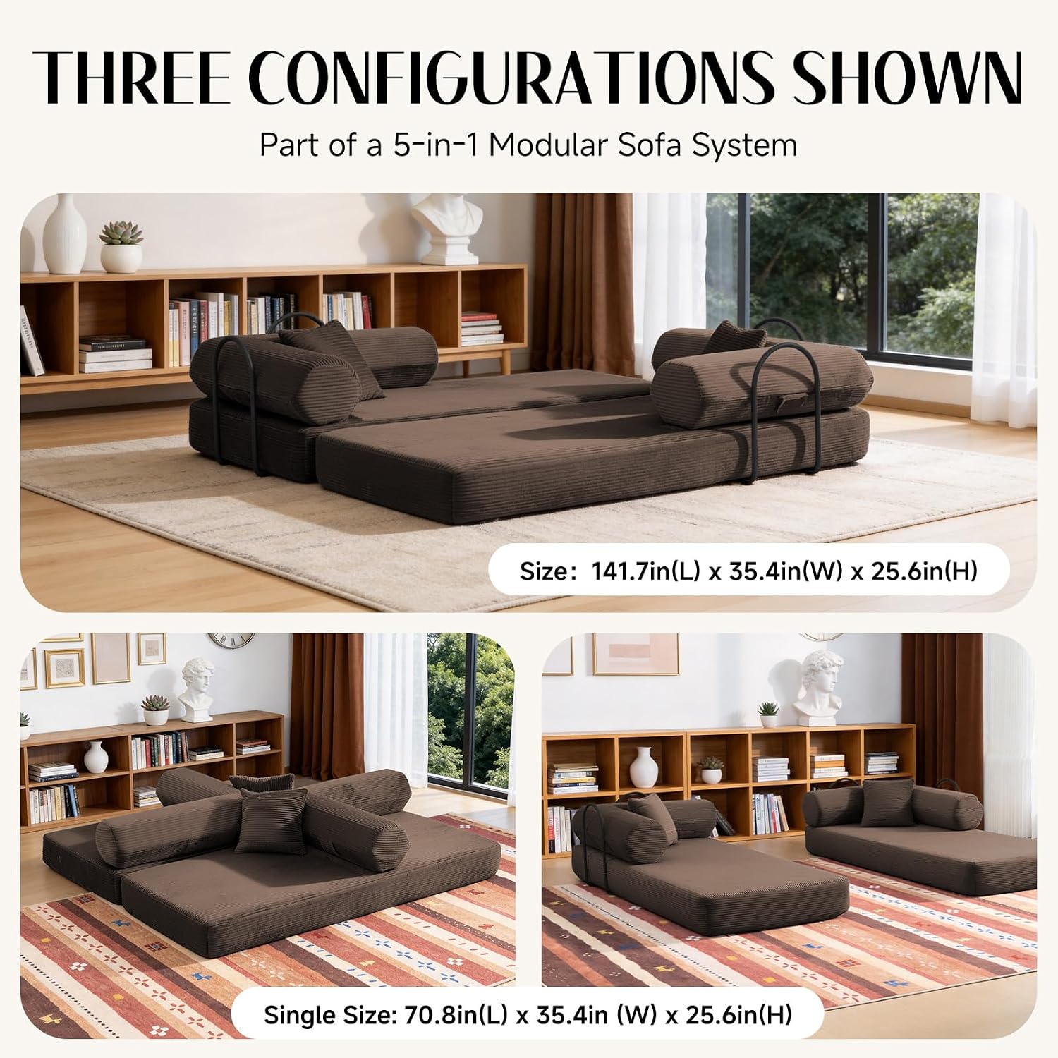 79" Corduroy Sofa Bed, Couch in a Box with 2 Pillows, High-Density Foam 4-in-1 Foldable Sleeper Futon Loveseat for Small Spaces, No Assembly, Side Pockets, Hex Arm Brown