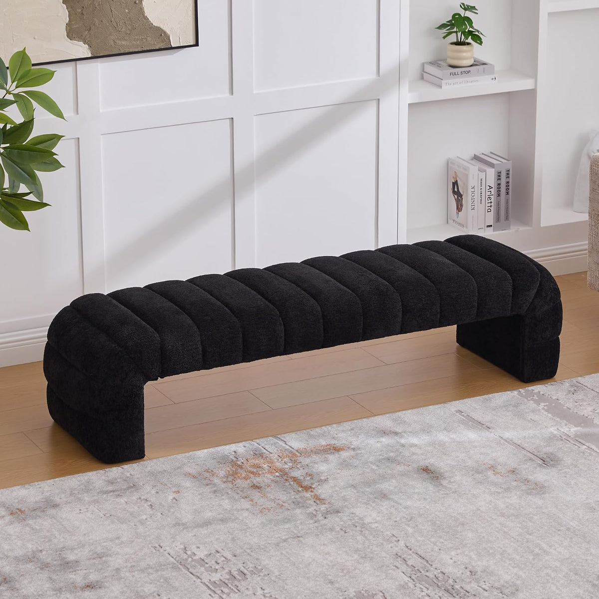 Shoe Bench for Entryway, 69.7''W Modern End of Bed Bench Long Ottoman for Living Room, Cloakroom, Black.