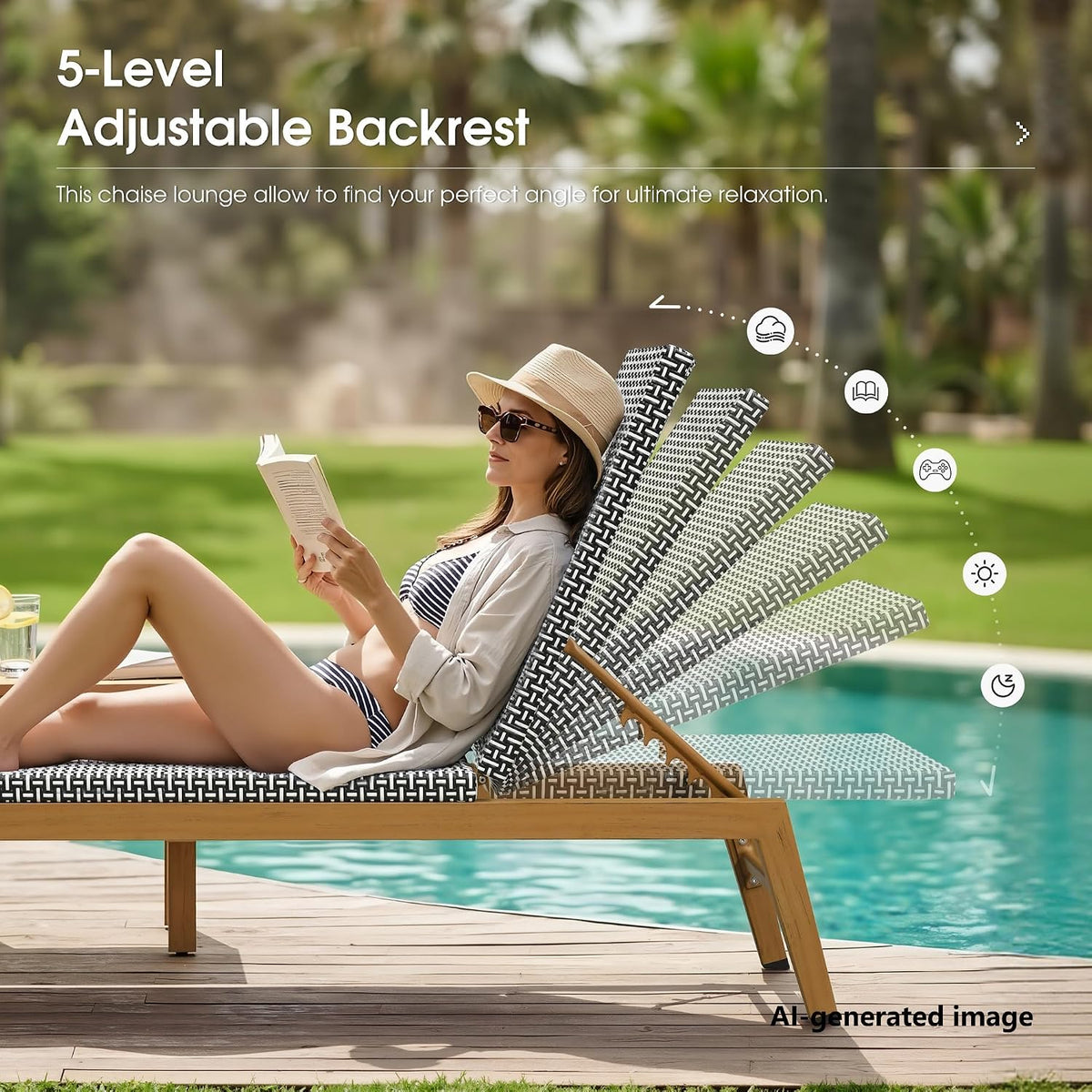 PURPLE LEAF Outdoor Chaise Lounge Chair Wood Grain Aluminum Set of 2, Black | 3-Year Color Retention PE Rattan, 2.4" Thickened Aluminum Frame, 16.14" Knee-Friendly Height, French-Inspired Style