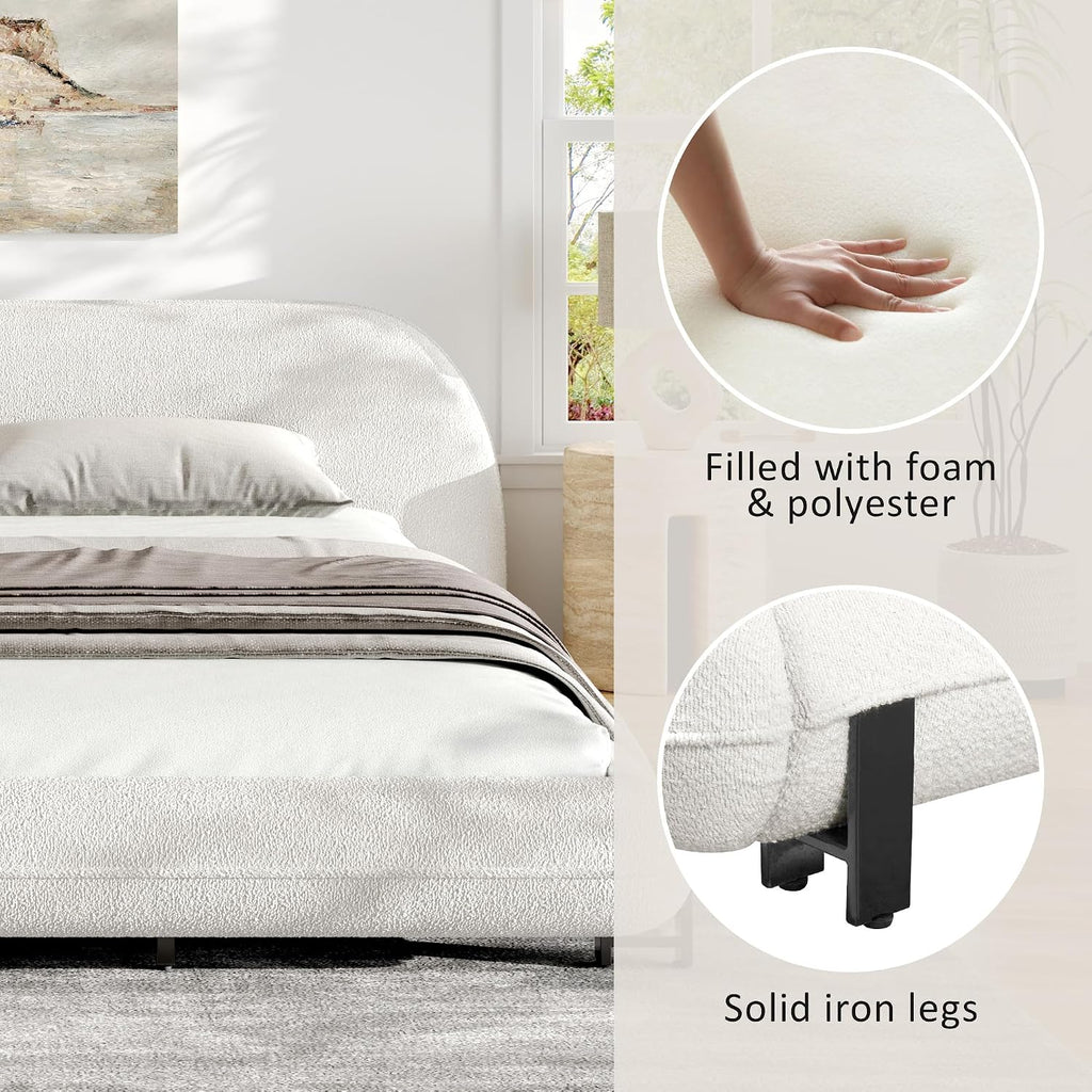 DNYN Boucle Platform Bed Frame with Thick Headboard and Steel Legs