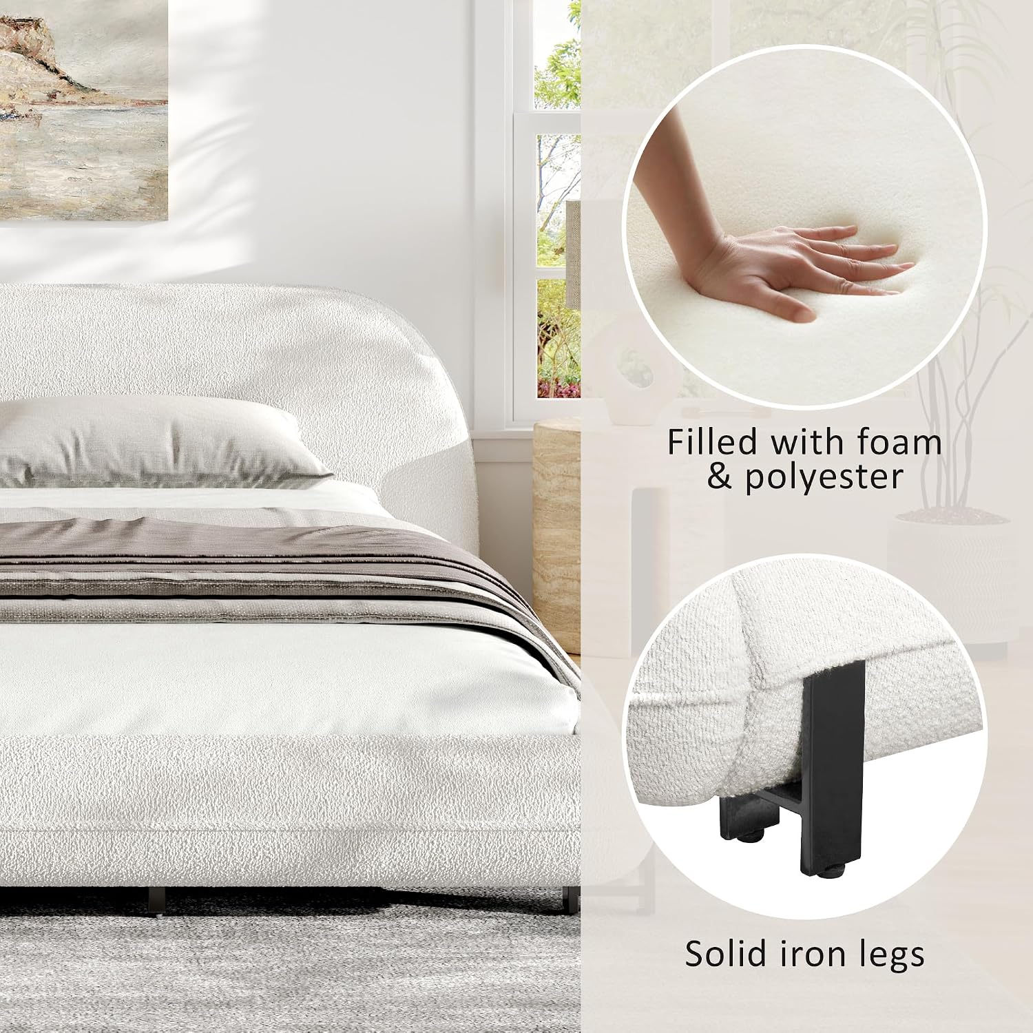 DNYN Boucle Platform Bed Frame with Thick Headboard and Steel Legs
