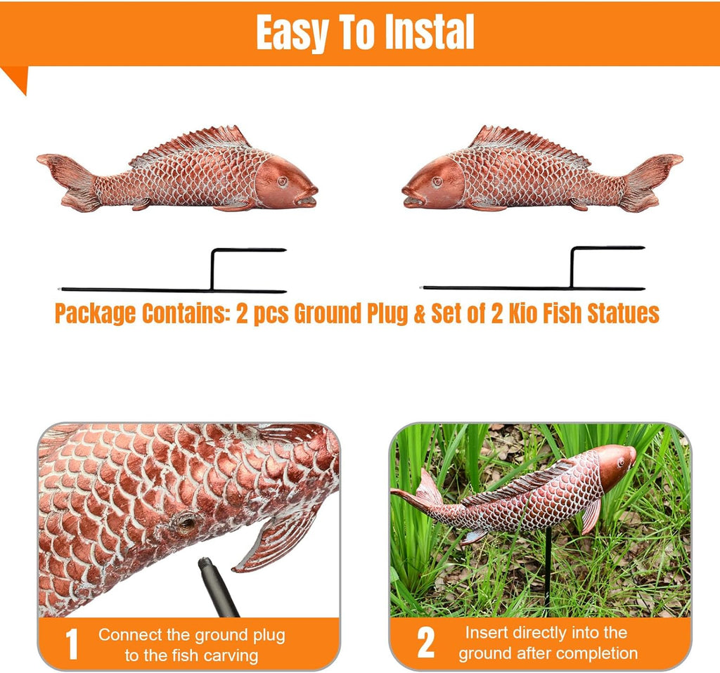 Garden Statues Koi Fish Decor Outdoor Garden Fish Statues, Set of 2 Antique Copper Koi Art Sculptures for Patio, Backyard, Pond and Home Decor for Women Mom