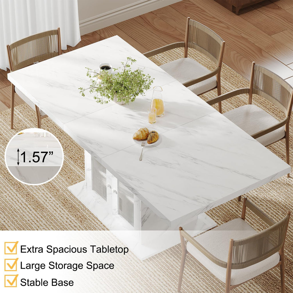 HSH Dining Table for 4–6, 63" Modern Kitchen Dining Room Table with Storage Shelves & Acrylic Door Cabinet,Wood Rectangle Dinner Table with Faux Marble Top for Home Apartment, White Faux Marble