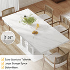HSH Dining Table for 4–6, 63" Modern Kitchen Dining Room Table with Storage Shelves & Acrylic Door Cabinet,Wood Rectangle Dinner Table with Faux Marble Top for Home Apartment, White Faux Marble