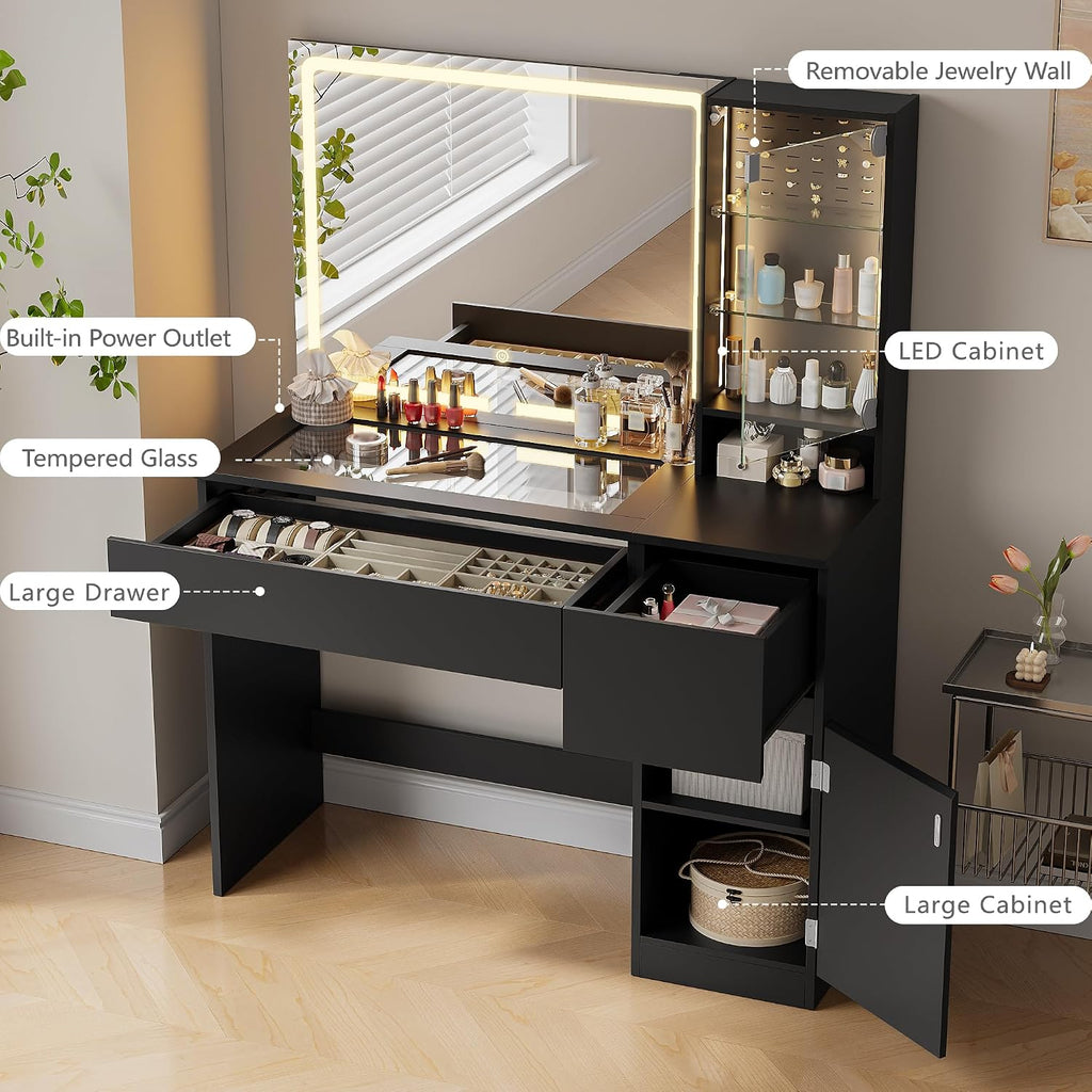 wanan Vanity with Glass Top, Black Vanity Desk with Mirror and Lights, Jewelry Storage, Power Outlet, 3 Adjustable Lighting Modes, Makeup Vanity with 2 Drawers for Bedroom