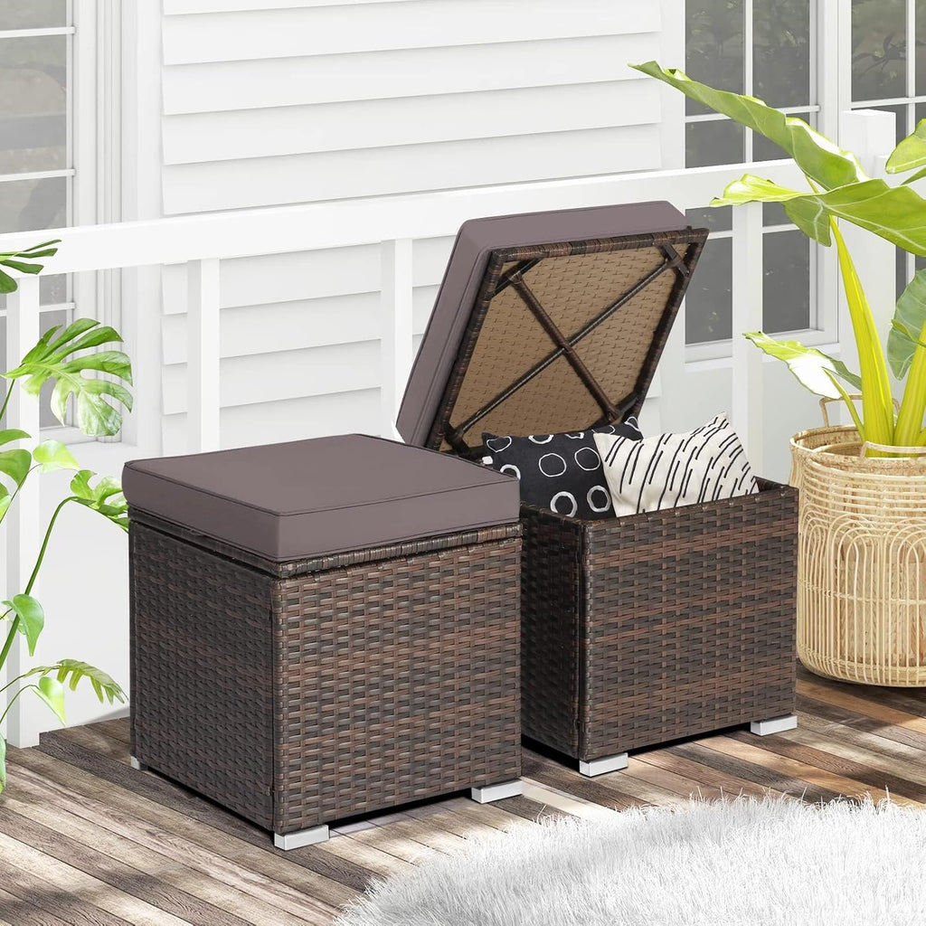 HAPPYGRILL 2PCS Patio Ottoman Set Outdoor Wicker Stool with Storage, Rattan Footrest Ottoman with Solid Metal Frame and Cushion for Backyard Poolside Garden Porch Balcony