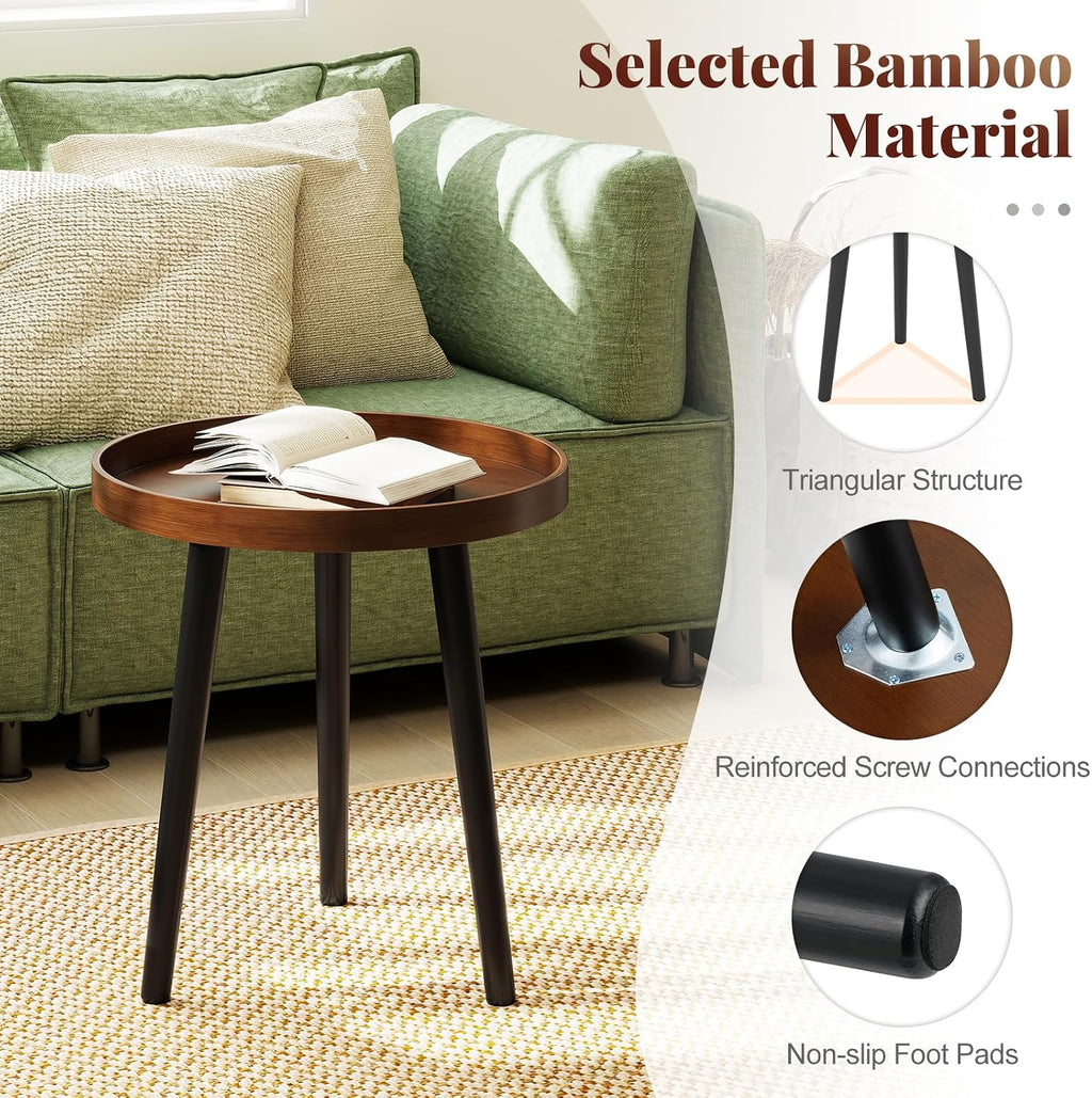 Giantex Round End Table, Mid Century Modern Side Table with Wooden Tray & Bamboo Legs, Sofa Couch Accent Table, Small Coffee Table for Small Space Living Room, Nightstand for Bedroom, Walnut