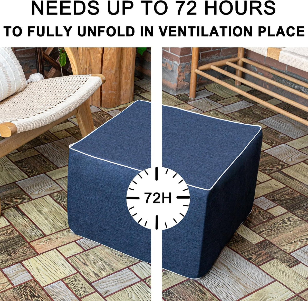 Outdoor Ottoman 20x20x14 Inches Outdoor Square Ottomans for Patio Modern Lightweight Foam Stuffed Pouf Outdoor Footstool Footrest (Navy Blue)