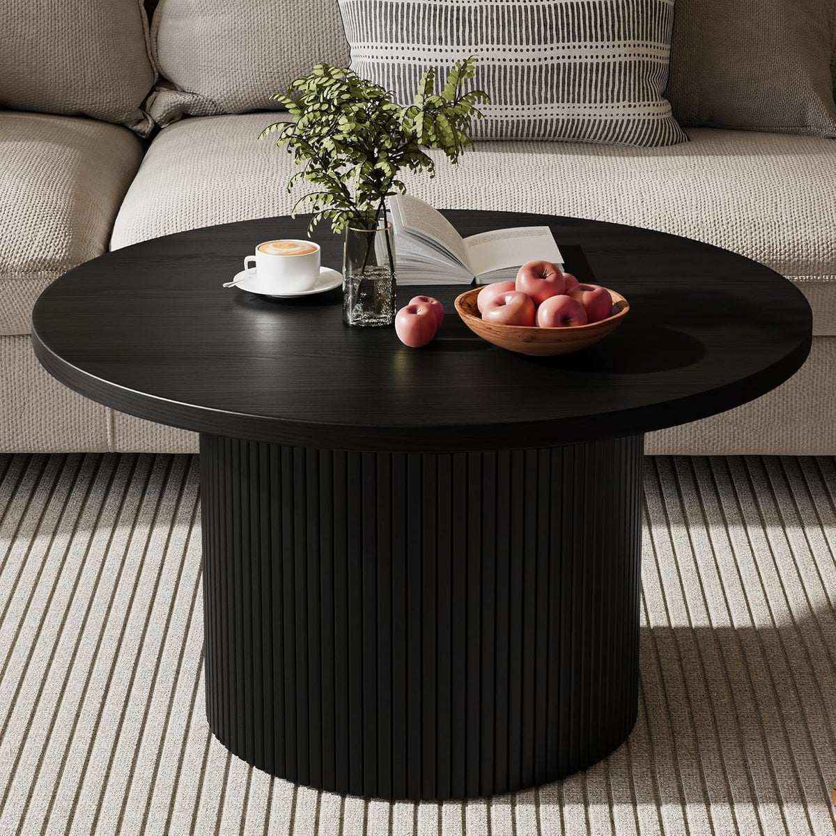 MAISONARIA Living Room Table Sets of 4, Sliding Doors End Table & TV Stand, Wood Coffee Table with Storage, Fluted TV Stand for Bedroom, Living Room (Black)