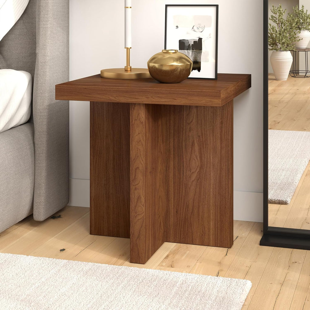 Henn&Hart 22" Scandinavian Wooden Square End Table, Side Table, Nightstand with X-Base for Living Room, Office, Family Room, or Bedroom, Medium Walnut