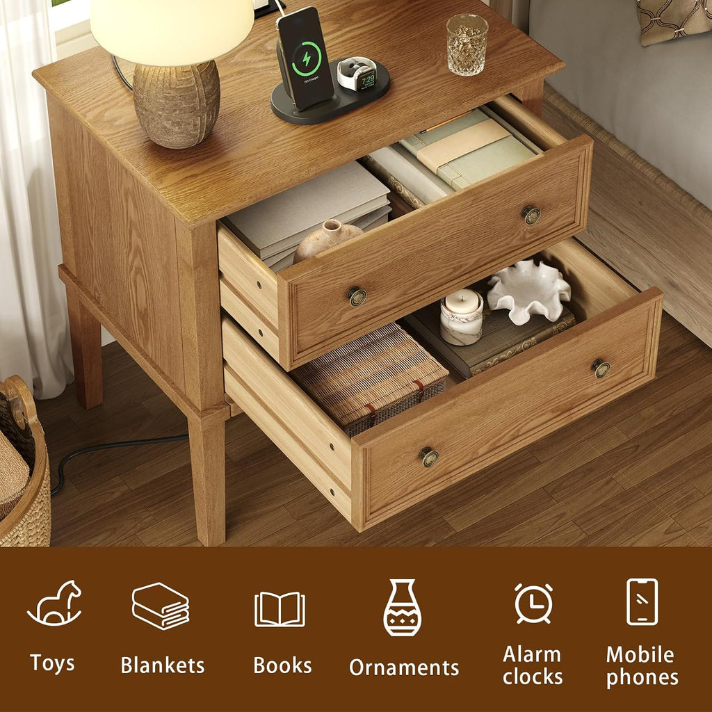 IKENO Solid Wood Nightstand with Charging Station, Wooden End Table with 2 Solid Wood Drawers, Farmhouse Style Side Table, Suitable for Bedroom, Teak
