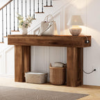 63 Inch Long Console Table w/Outlets & USB Ports, Narrow Rectangular Sofa Table Behind The Couch, Farmhouse Entryway Table for Entrance, Hallway, Living Room(Brown with Outlet)