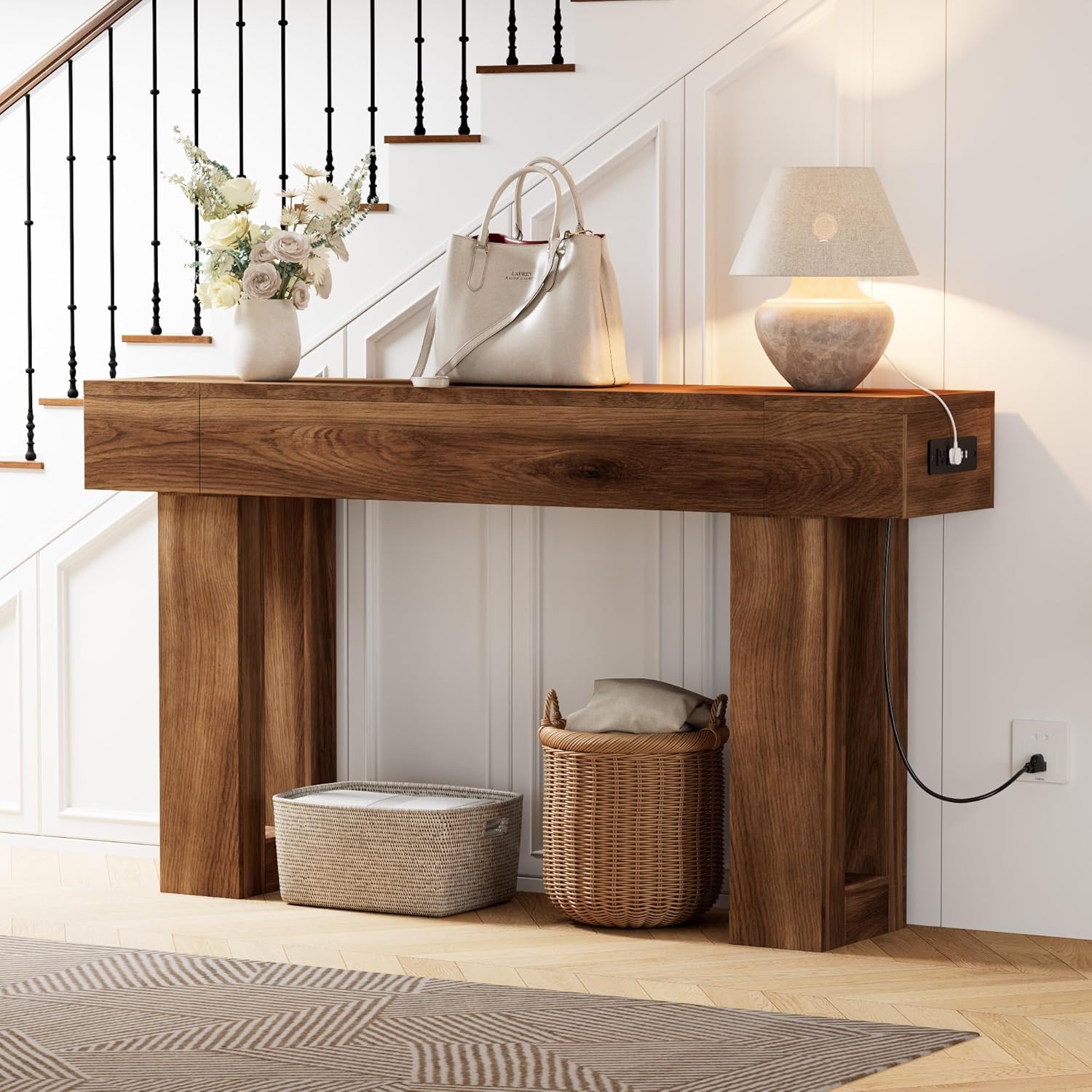 63 Inch Long Console Table w/Outlets & USB Ports, Narrow Rectangular Sofa Table Behind The Couch, Farmhouse Entryway Table for Entrance, Hallway, Living Room(Brown with Outlet)