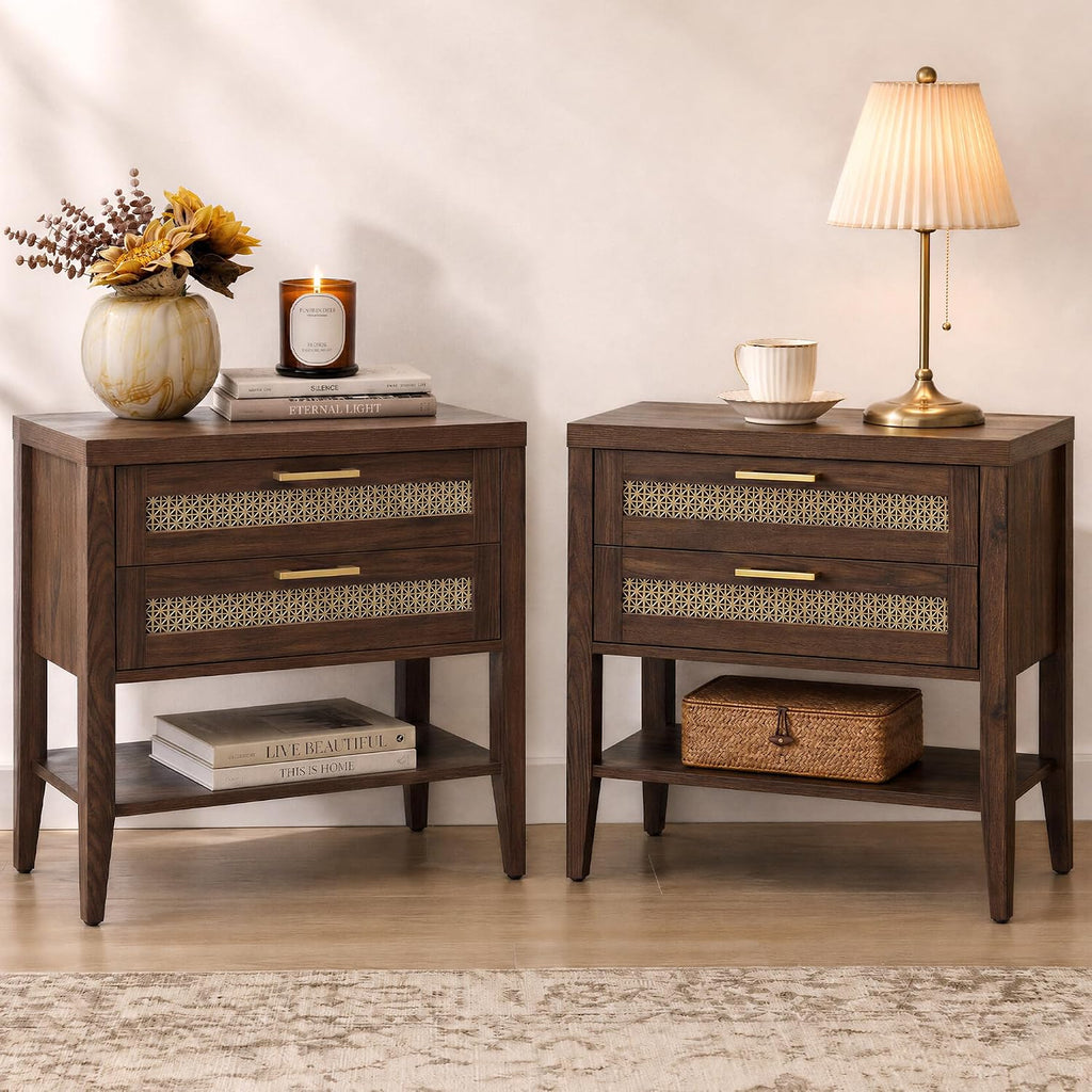 SICOTAS Night Stand Set 2,Rustic Nightstand Set of 2 with Drawer and Shelf | Large Bedside Table for Bedroom, Mid Century Modern Nightstand, 25.7" Tall Side End Table, Espresso Walnut, 2 Pieces