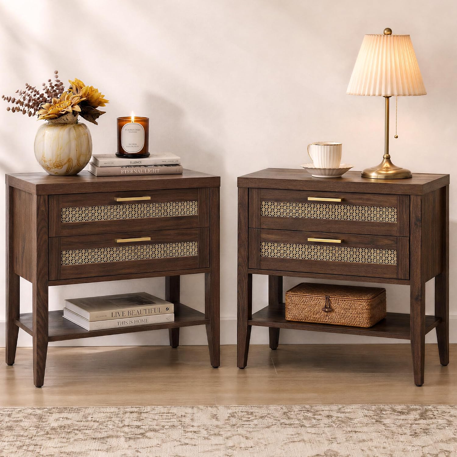 SICOTAS Night Stand Set 2,Rustic Nightstand Set of 2 with Drawer and Shelf | Large Bedside Table for Bedroom, Mid Century Modern Nightstand, 25.7" Tall Side End Table, Espresso Walnut, 2 Pieces