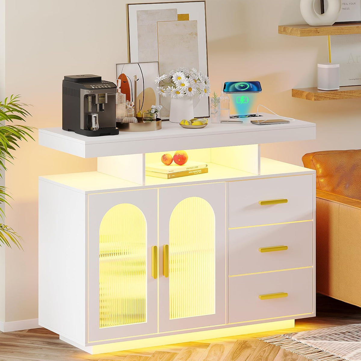 40" LED Buffet Cabinet with Charging Station, Auto Sensor Kitchen Storage Cabinet with RGB 24 Color Lights, Coffee Bar Cabinet with 3 Drawers,Sideboard Buffet Cabinets for Living Room (White)