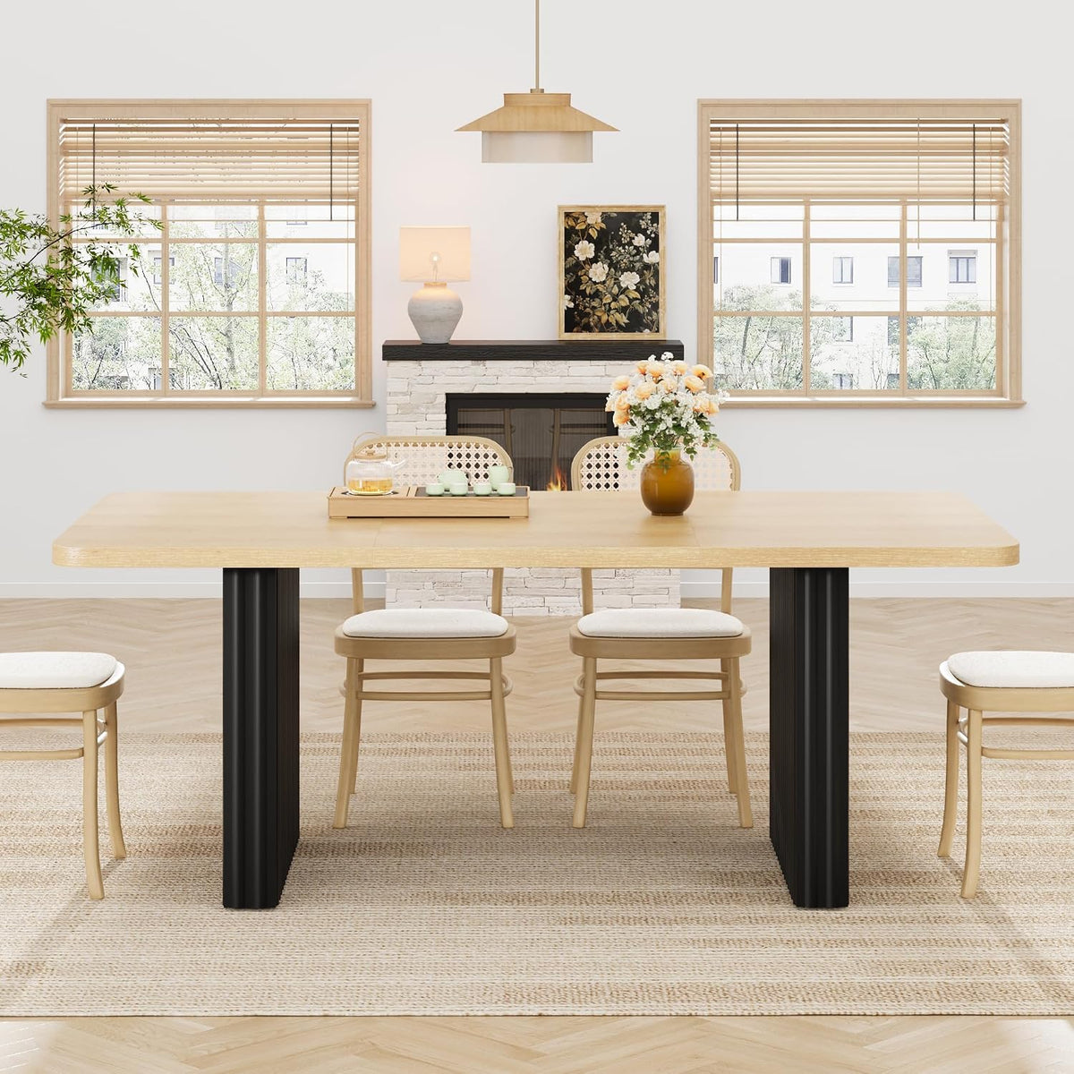 Garvee Modern Dining Table for 6-8, 71" Rectangular Farmhouse Kitchen Table with 3.6"×22.9" Black Fluted Wave Metal Legs & Wooden Top, Large Dining Table for Home Office, Dining, Natural