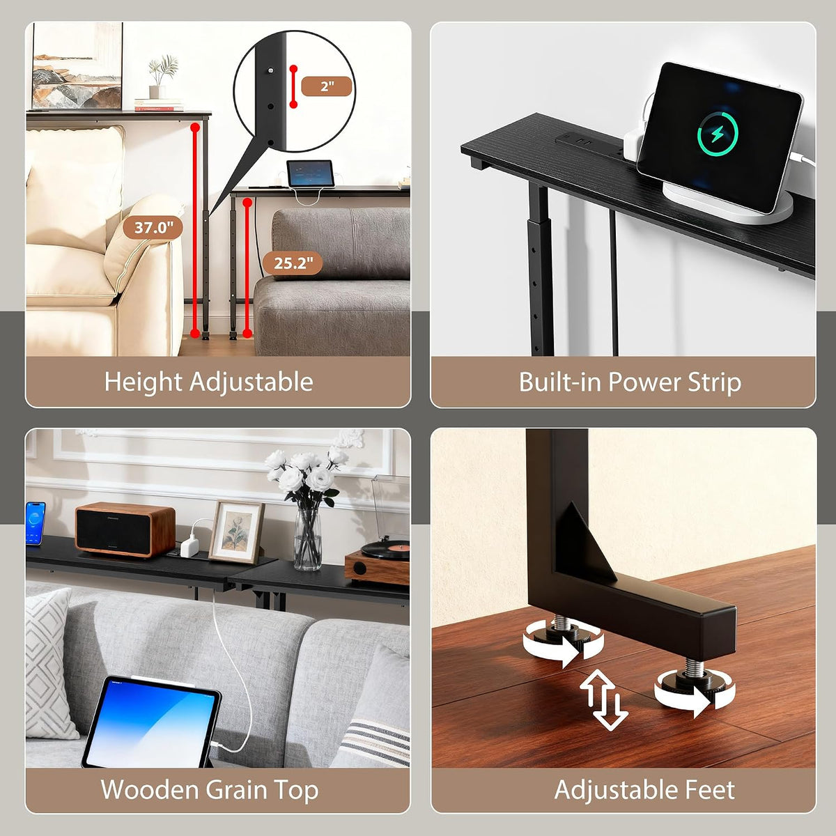 Keelian 70 inch Behind Couch Table with Outlets Adjustable Sofa Table Black | Adjustable Height(25"-37"),Skinny Couch Shelf with Charging Station,Long Entryway Tables for Living Room