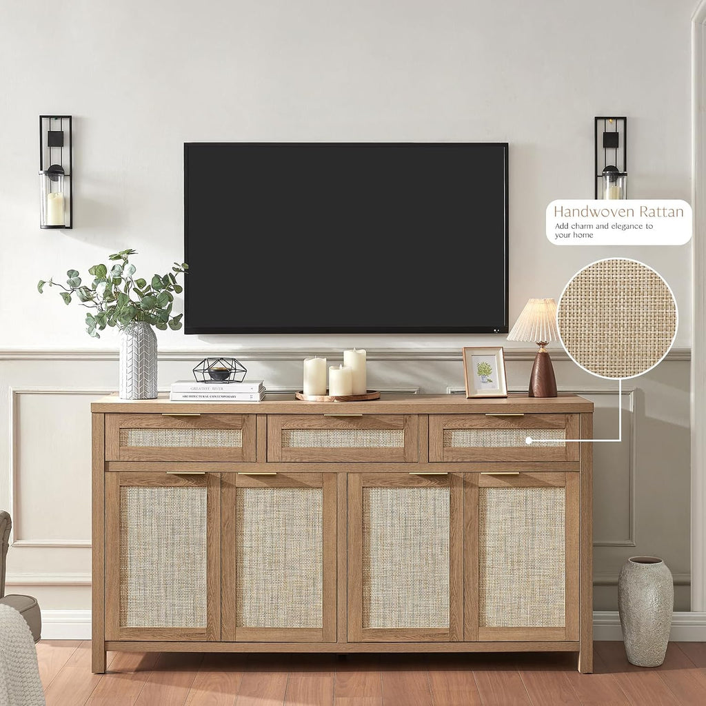 HOKYHOKY 63" Rattan Sideboard Buffet Cabinet, Boho Storage Cabinet | Adjustable Shelves, 4 Doors & 3 Drawers, Farmhouse Credenza, Coffee Bar Cabinets, Living Room, Hallway, Kitchen