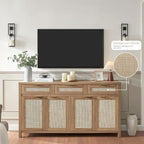 HOKYHOKY 63" Rattan Sideboard Buffet Cabinet, Boho Storage Cabinet | Adjustable Shelves, 4 Doors & 3 Drawers, Farmhouse Credenza, Coffee Bar Cabinets, Living Room, Hallway, Kitchen