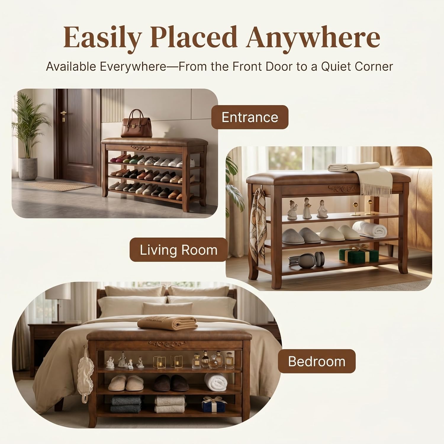 Shoe Rack Bench Entryway Storage with Leather Cushion, Shoe Organizer Bench for Entryway, Front Doors Entrances Hallway,Mudroom,Closet, Bedroom,Solidwood 3 Height-Adjustable Removable Shelve,31.5"