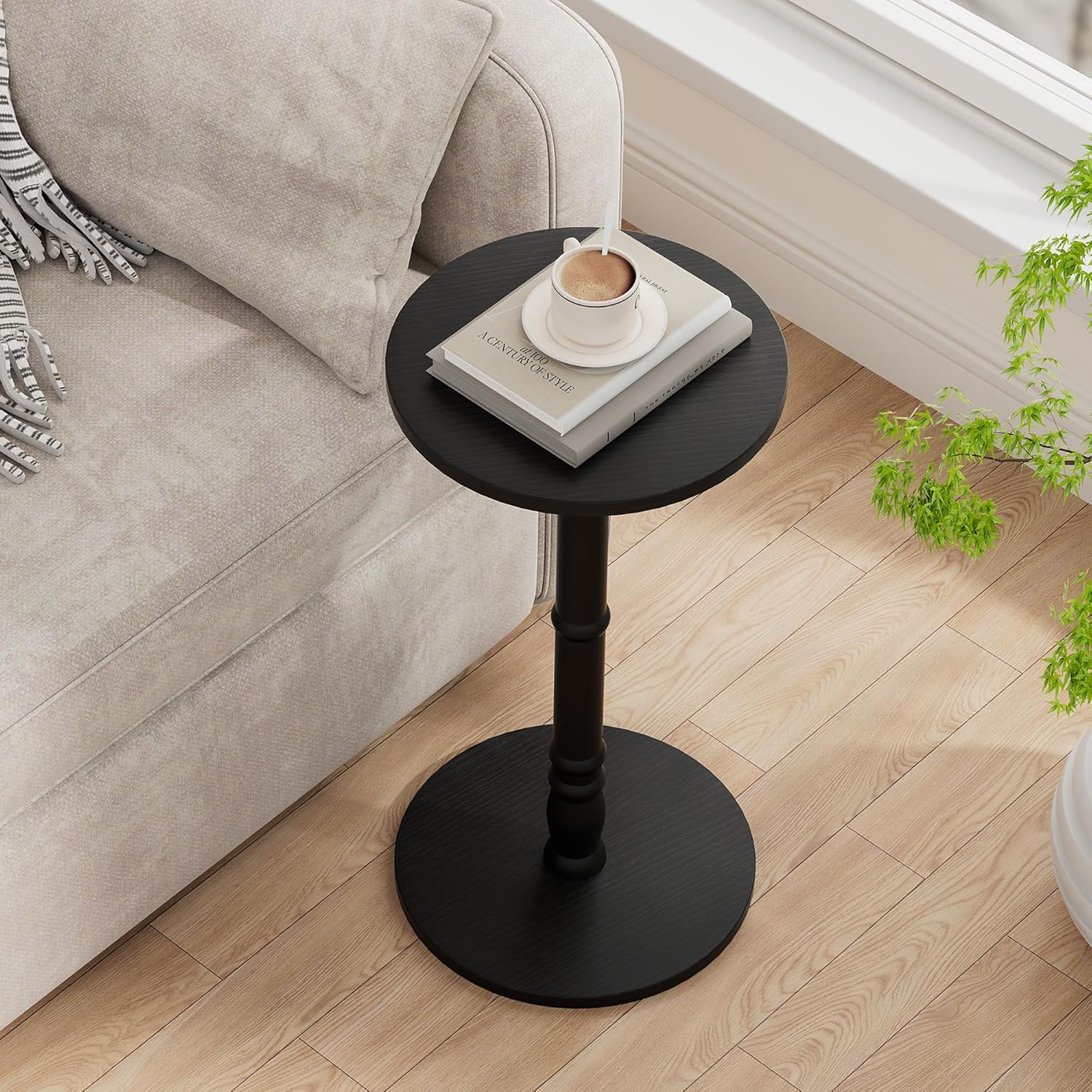 Homleke 12" Round Side Table, Solid Wood Pillar with Wood Top & Base, Small Drink Accent Table for Living Room, Bedroom, Sofa & Office, Easy Assembly, Black
