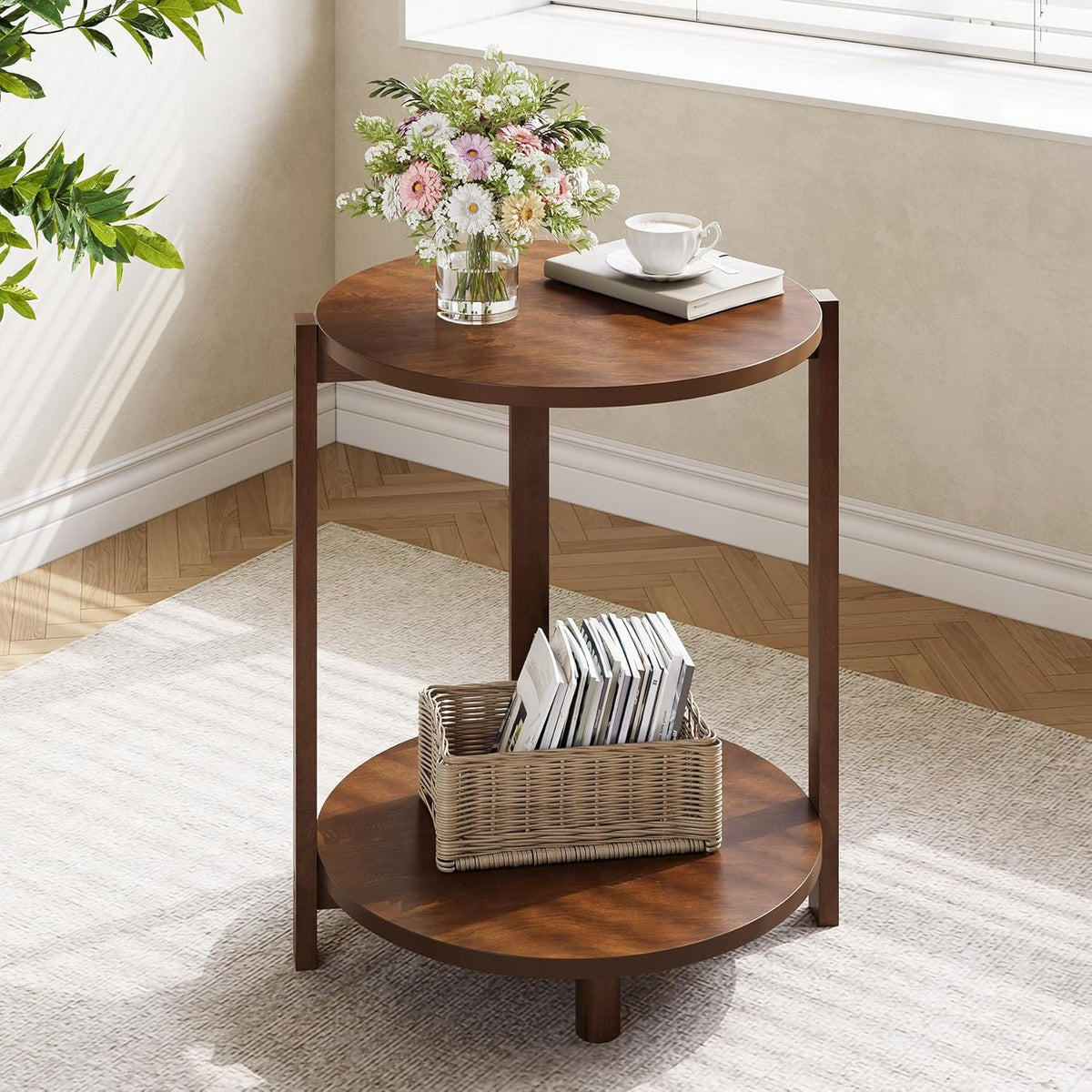 Solid Wood Side Table for Living Room, Small Round End Table with 2-Tier Storage, 19-Inch Wooden Circle Retro Nightstand, Accent Furniture for Small Spaces, Bedroom, Apartment, Brown
