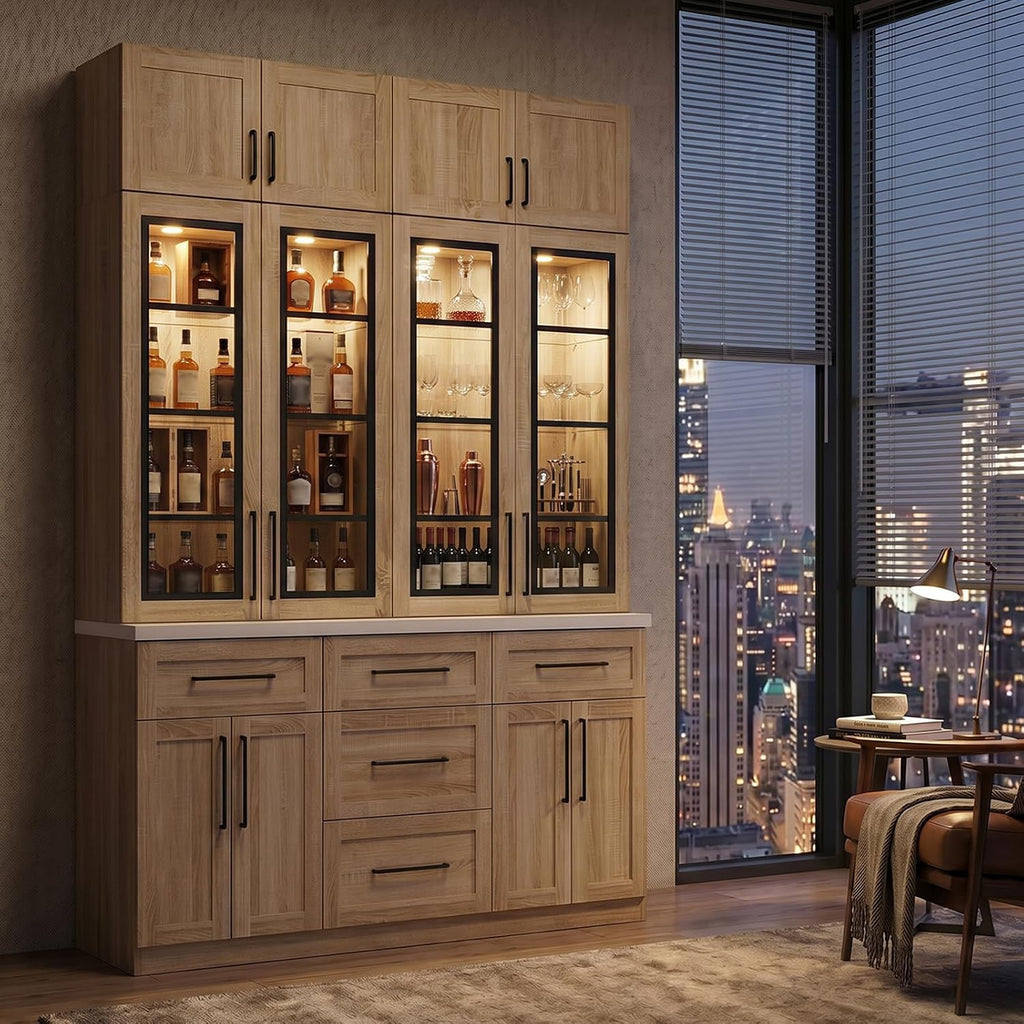 WOODTIME 102" H Kitchen Pantry with LED Light, Glass Doors, Shelves & 5 Drawers, Large Cupboard with Adjustable Shelves & White Countertop, Modern Display Storage Cabinet for Dining Room, Natural