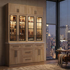 WOODTIME 102" H Kitchen Pantry with LED Light, Glass Doors, Shelves & 5 Drawers, Large Cupboard with Adjustable Shelves & White Countertop, Modern Display Storage Cabinet for Dining Room, Natural