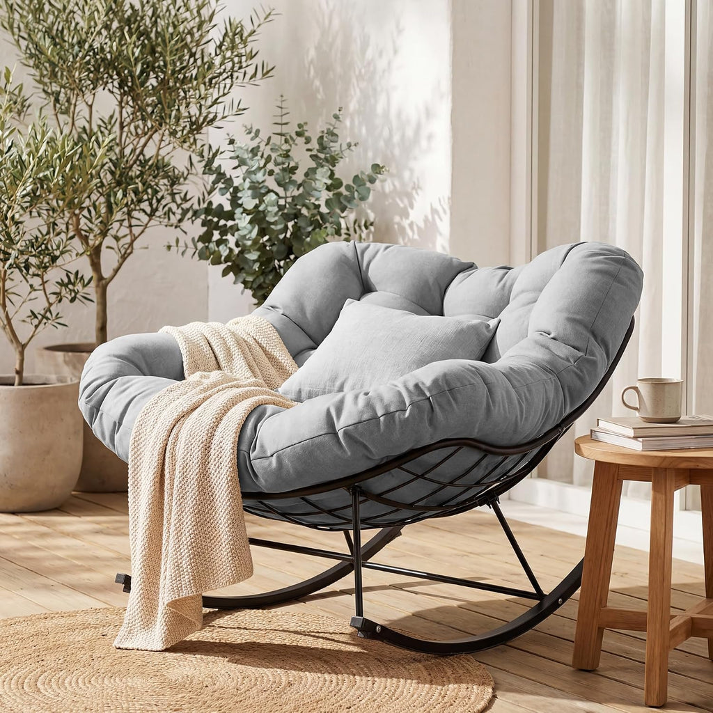 JEAREY Papasan Rocking Chair, Outdoor Oversized Egg Chair, Grey | Oversized papasan rocking chair with thick cushion and smooth rocker base for porch, patio, bedroom, living room