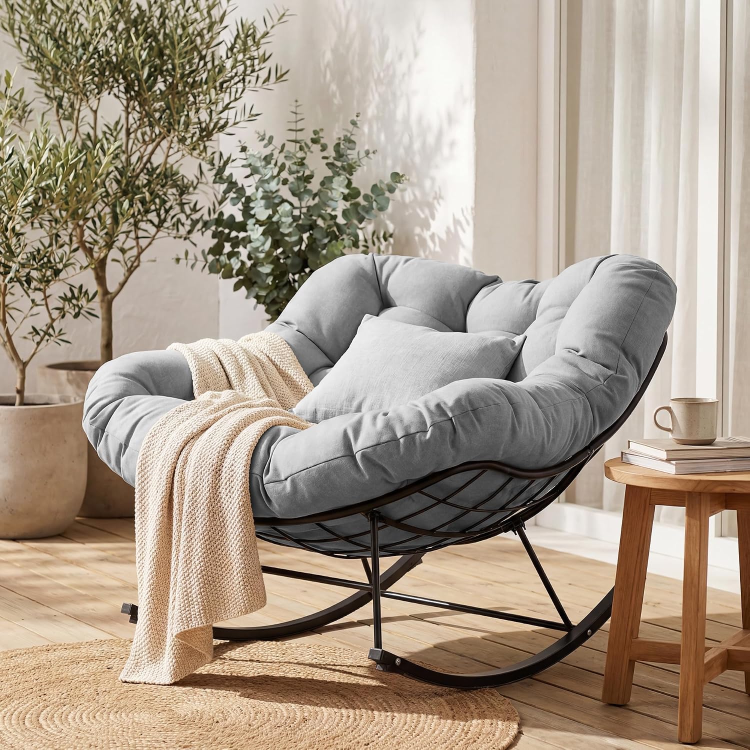 JEAREY Papasan Rocking Chair, Outdoor Oversized Egg Chair, Grey | Oversized papasan rocking chair with thick cushion and smooth rocker base for porch, patio, bedroom, living room