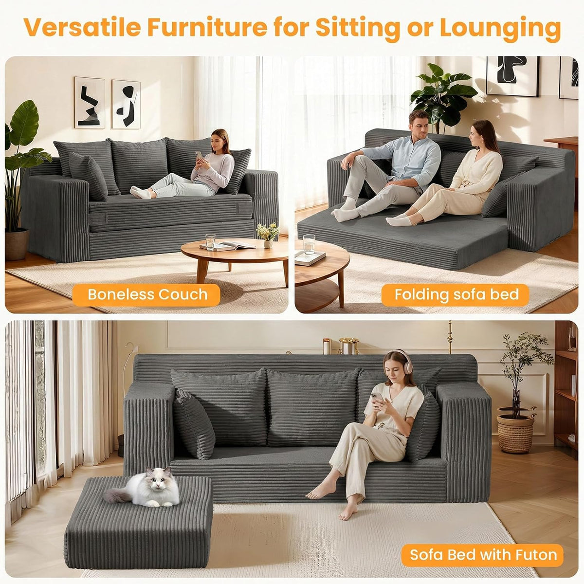 Oversized Loveseat, 3 Seater Pull Out Convertible Sofa Bed, 70" Gray Couch Fold Out Floor Couch Sleeper Sofa with 5 Pillows for Living Room Bedroom Lounge Small Space