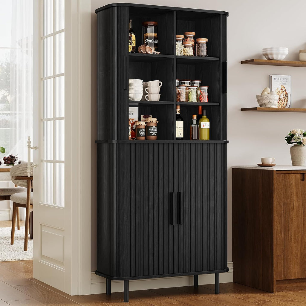 71" Tall Fluted Pantry Cabinet, Mid-Century Modern Kitchen Pantry Storage Cabinet with 2 Pegboards, 10 Hooks, Freestanding Cupboard with 4 Adjustable Shelves, Sliding Doors (Black)