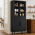 71" Tall Fluted Pantry Cabinet, Mid-Century Modern Kitchen Pantry Storage Cabinet with 2 Pegboards, 10 Hooks, Freestanding Cupboard with 4 Adjustable Shelves, Sliding Doors (Black)