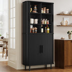 71" Tall Fluted Pantry Cabinet, Mid-Century Modern Kitchen Pantry Storage Cabinet with 2 Pegboards, 10 Hooks, Freestanding Cupboard with 4 Adjustable Shelves, Sliding Doors (Black)