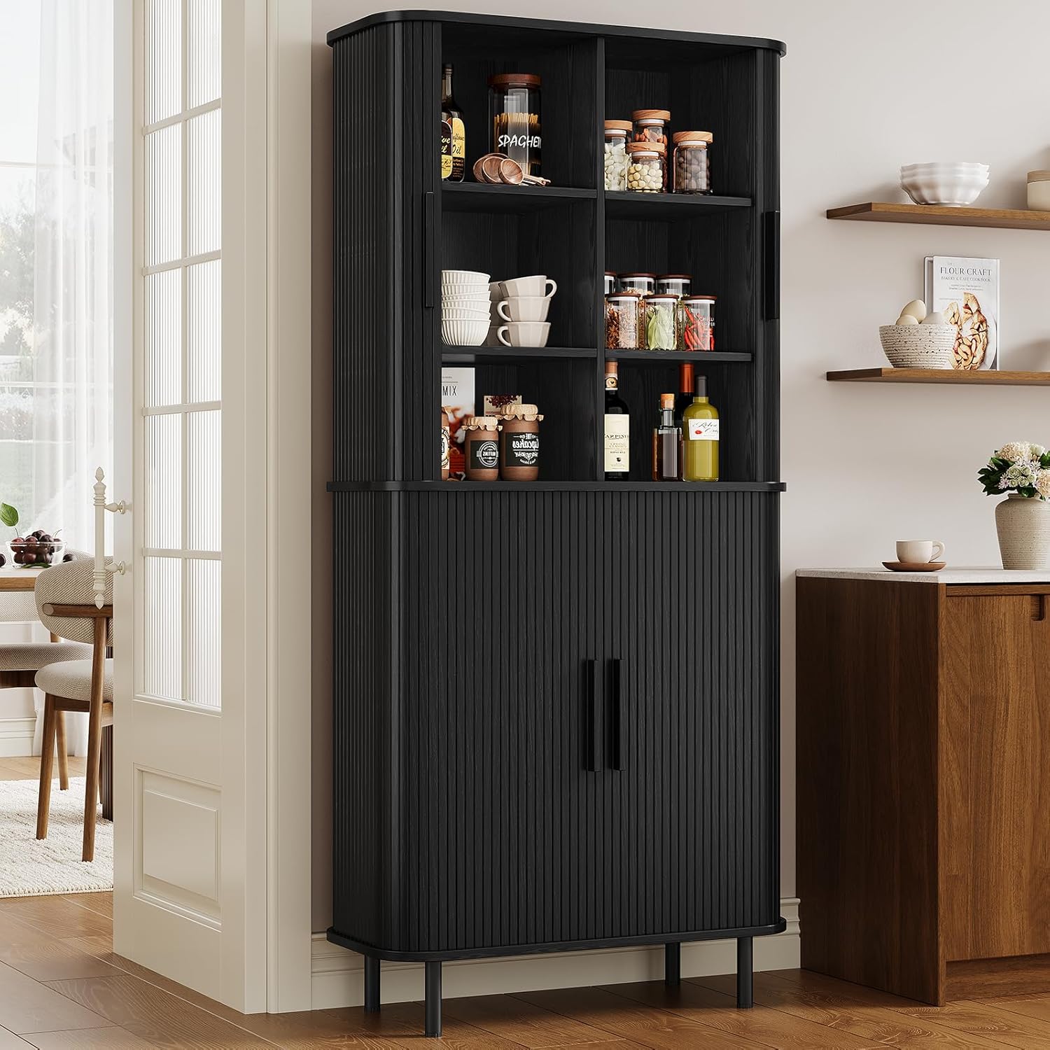 71" Tall Fluted Pantry Cabinet, Mid-Century Modern Kitchen Pantry Storage Cabinet with 2 Pegboards, 10 Hooks, Freestanding Cupboard with 4 Adjustable Shelves, Sliding Doors (Black)