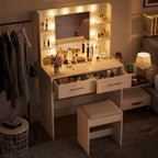 Furmax Makeup Vanity Desk with Mirror and Power Outlet, White | 3 Color Light Options Adjustable Brightness, 2 Drawers, 6 Storage Shelves, with Bench