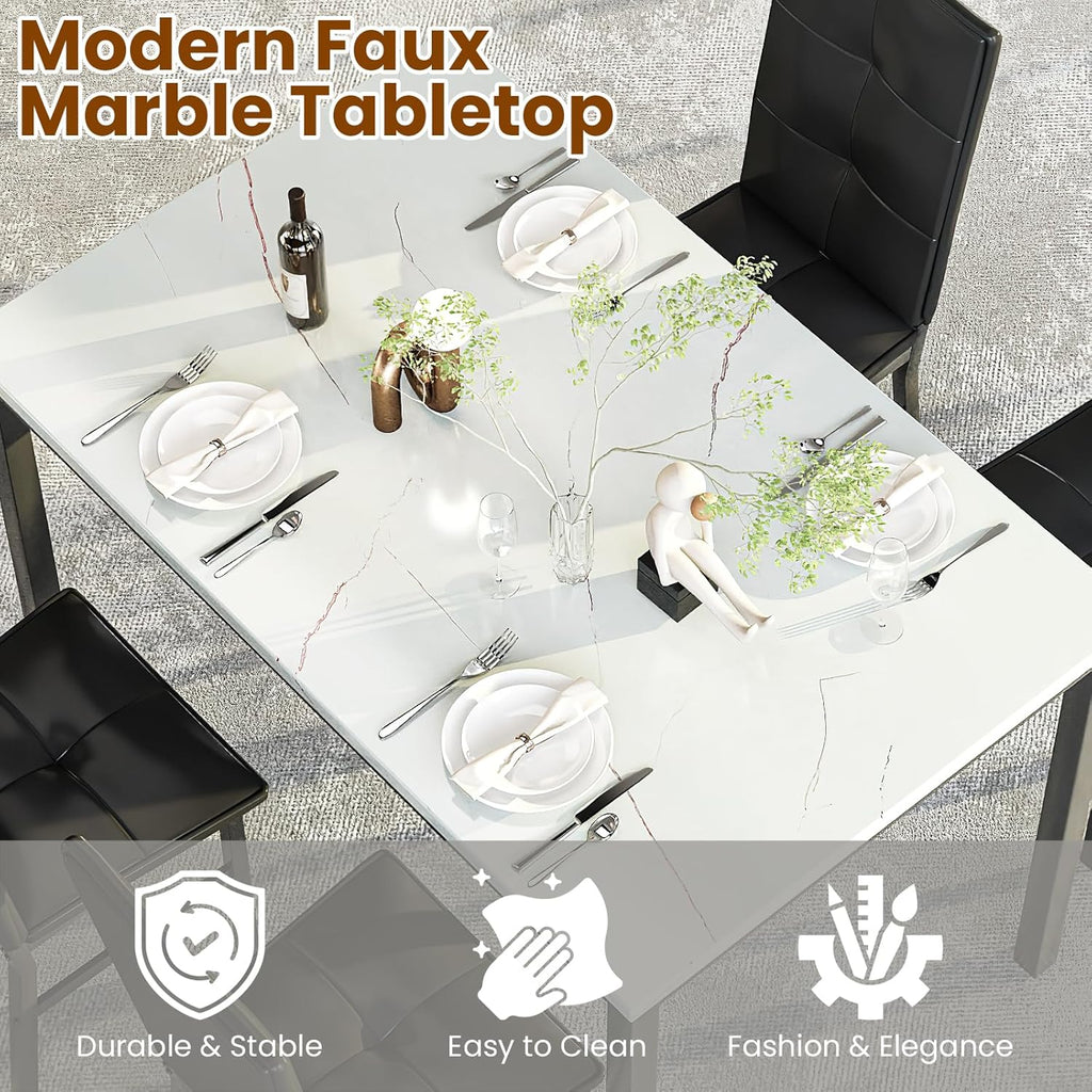 Hooseng Dining Table Set for 4, Faux Marble Small Kitchen Table with 4 PU Leather Chairs, Modern 5 Piece Dinner Table Set for Dining Room, Breakfast Nook, Samll Space, White & Black