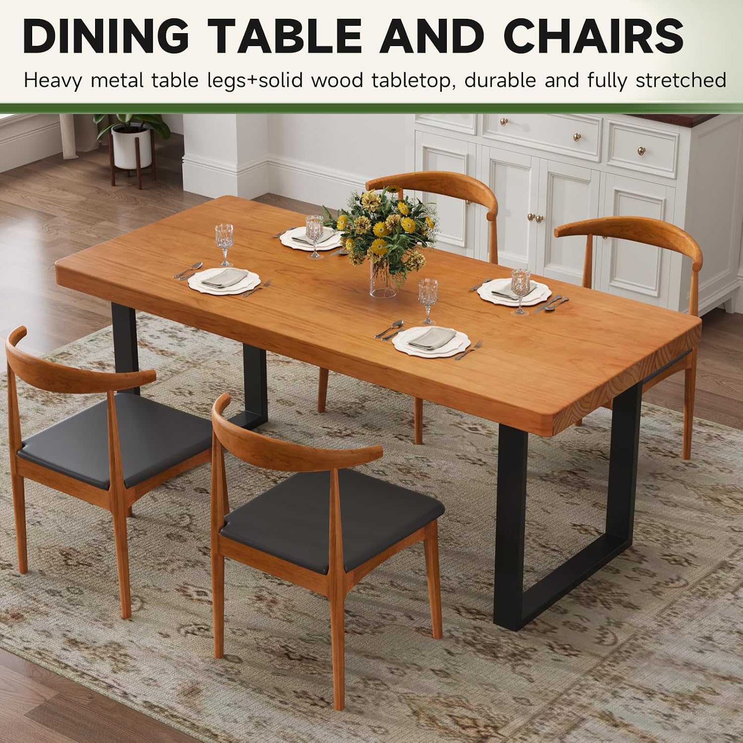 Stylish Modern Minimalist Solid Wood Dining Table with Sturdy Metal Base – Easy Assembly, Versatile Design for Dining Rooms, Living Rooms, and Offices