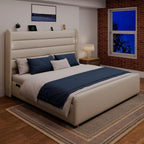 Queen Size Bed Frame with 59'' Tall Headboard with Readlight, White