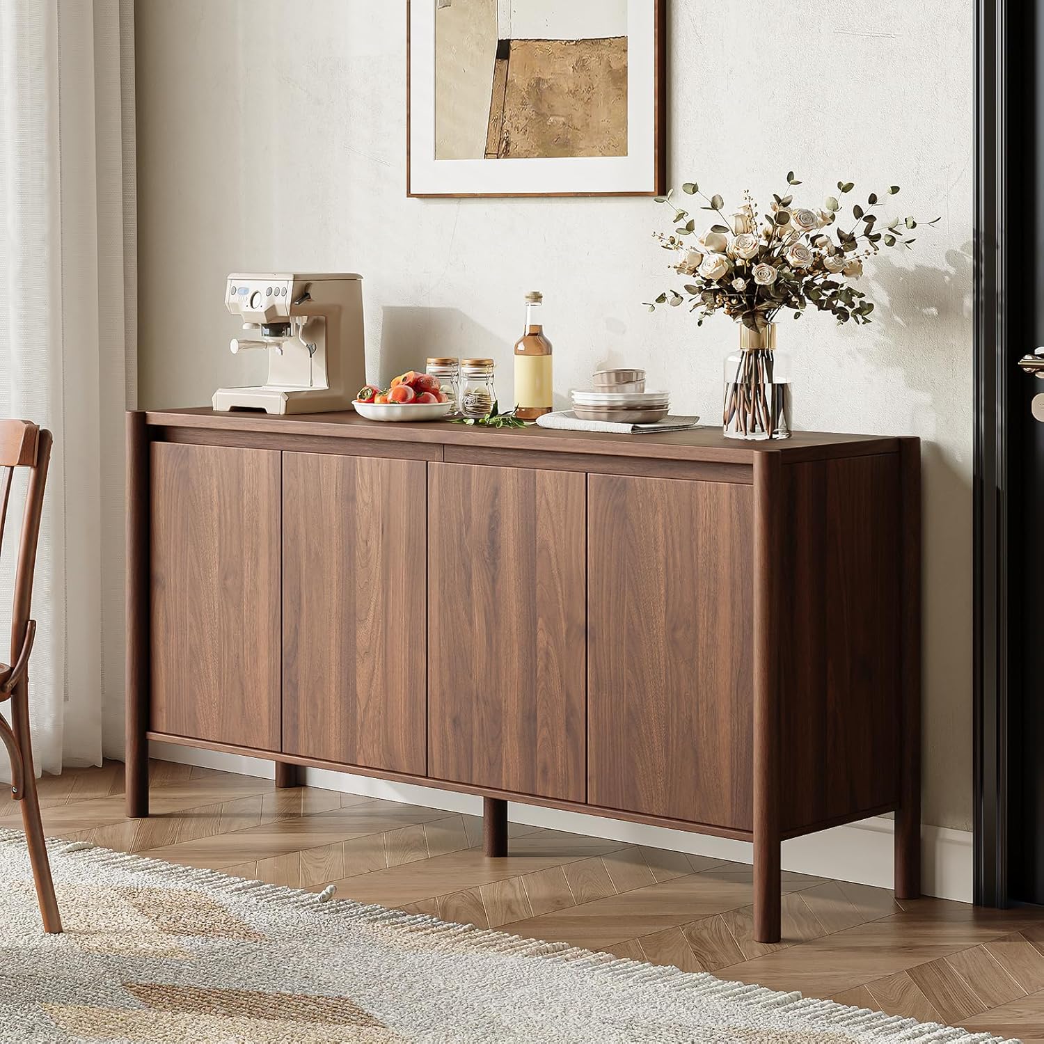59" Wide Walnut Buffet Cabinet Storage,4 Doors and Adjustable Shelves,Solid Wood Round Legs,Wood Mid Century Sideboard for Kitchen,Living Room,Coffee Bar.