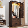 Farmhouse 2 Doors Armoire Wardrobe Closet w/ Folding Sliding Barn Door and Lights, LED Armoire Closet w/Drawers for Bedroom, Freestanding Wooden Wardrobe Storage Closet w/Hanging Rod,Rustic Brown
