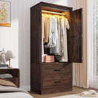 Farmhouse 2 Doors Armoire Wardrobe Closet w/ Folding Sliding Barn Door and Lights, LED Armoire Closet w/Drawers for Bedroom, Freestanding Wooden Wardrobe Storage Closet w/Hanging Rod,Rustic Brown