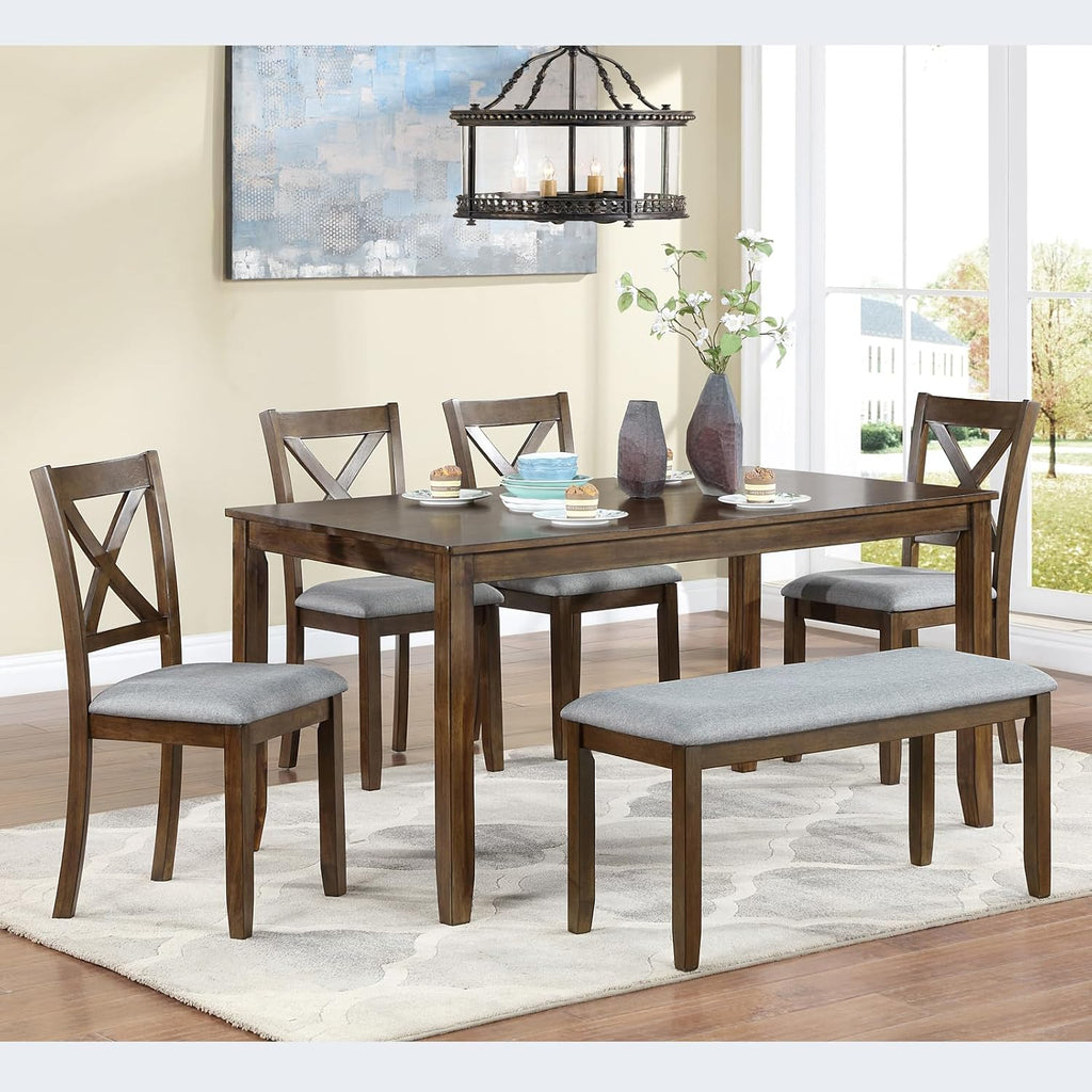 Harper & Bright Designs 6-Piece Dining Table Set with 4 Chairs and Bench, Modern Wood Kitchen Table Set for Dining Room, Breakfast Nook or Small Spaces, Walnut