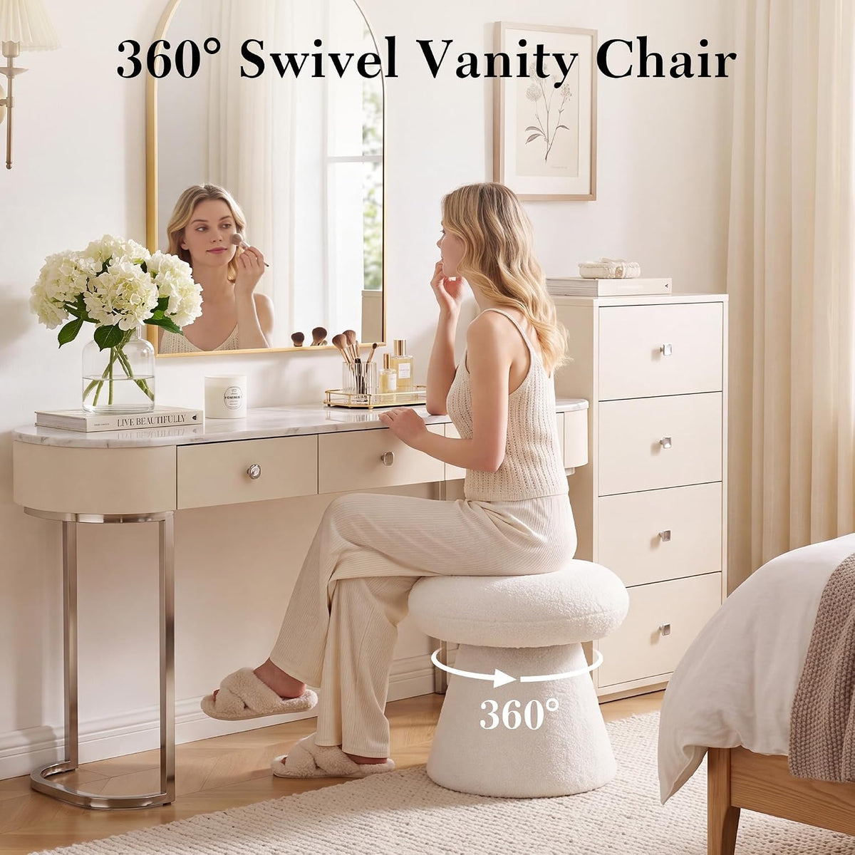FOXHUNTER Mushroom Pouf Ottoman with 360° Rotation, White | Footstool with Sponge Filling, No Assembly Required, Soft Shoe Stool, Makeup Chair for Living Room Bedroom Entrance