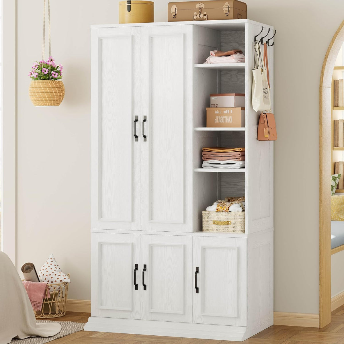 LIKIMIO Armoire Wardrobe Closet 70" H, 5 Doors for Bedroom, White | Wooden Wardrobe with 4 Storage Shelves and Hanging Rod, Clothing Storage Cabinet Organizer Combination