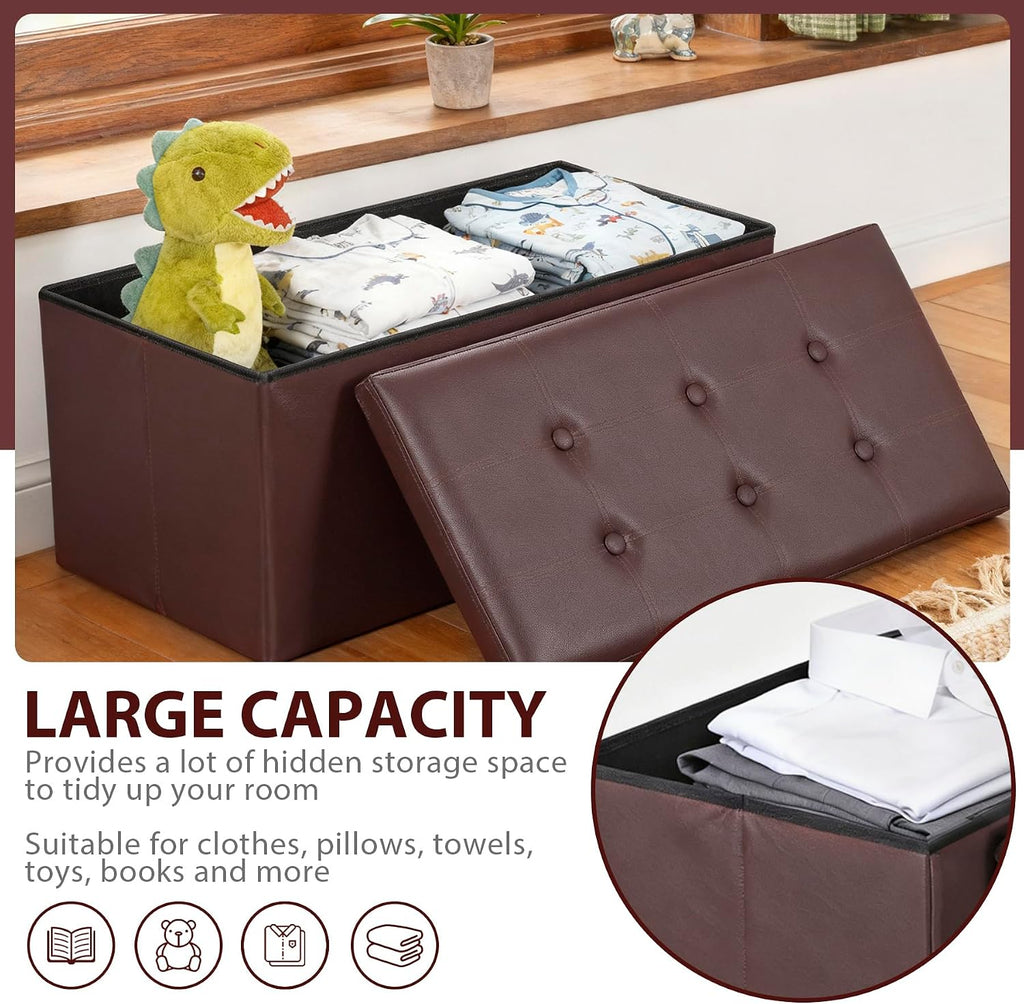 JupiterForce Ottoman Storage Bench, 30 Inches Folding Faux Leather Ottoman Bench with Storage Padded Seat Footrest Bench for Bedroom, Entryway, Living Room, Holds up to 350lbs, Brown